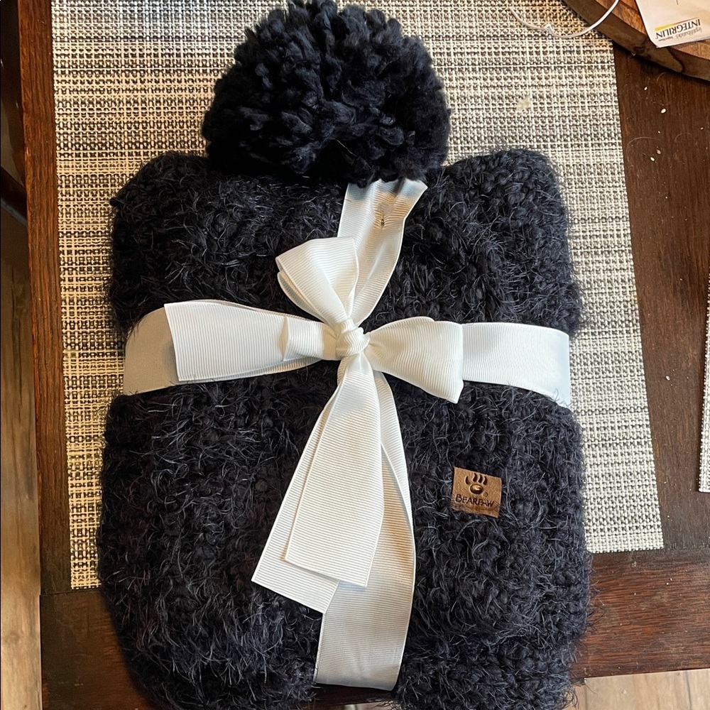 BearPaw Fluffy Black Knit Hat and Scarf set.